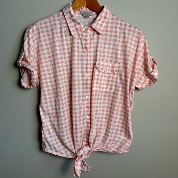 Passport Women's Pink Gingham Short Sleeve Button‎ Up Shirt Medium Hem Tie Beach - Picture 1 of 9